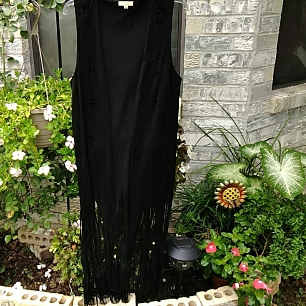 Kori black faux suede fringed laser florals VEST